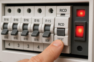 «کلید محافظ جان (RCD) در تابلو برق خانگی در حالی که یک دست در حال فشار دادن دکمه TEST برای بررسی عملکرد آن است.»